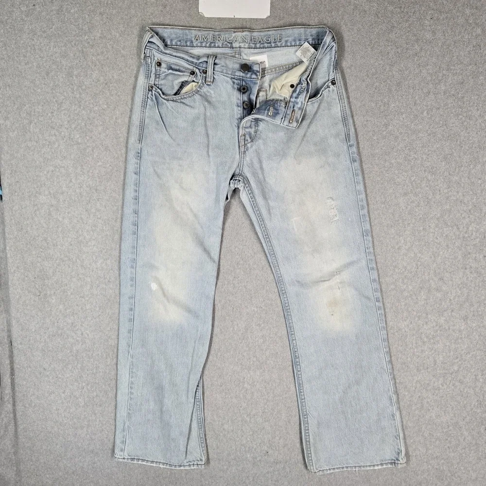 American Eagle Men Jeans 31X30 Light Blue Denim Embroidered Bootcut READ